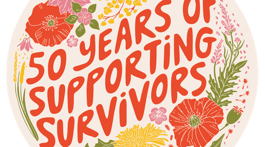 70s inspired colour palette with the words 50 years of supporting survivors surrounded by flowers which symbolise strength and resilience