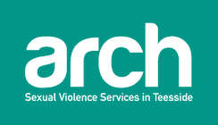 This image shows the logo of ARCH Teeside. The text reads arch in large white font with 'Sexual Violence Services in Teesside' in smaller white font below. The text is on a teal background.